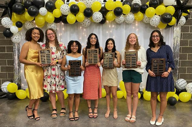 Contributed Photo Joanie Burns, Myia Braziel, Jada James, Amy Martinez, Abby Benitez, Aaliyah Braziel and Bethany Avalos posed with their awards during the volleyball banquet.